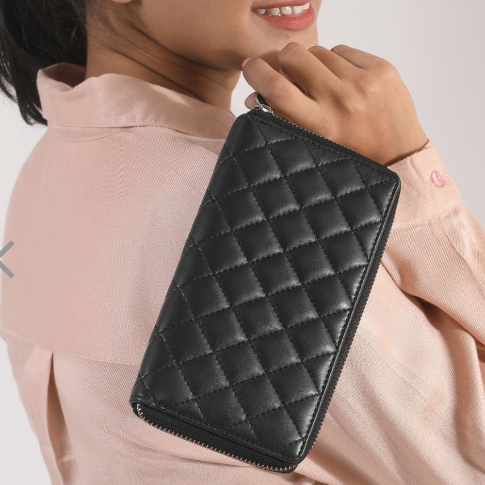 Designer Style Black Quilted Double Zip Wallet
